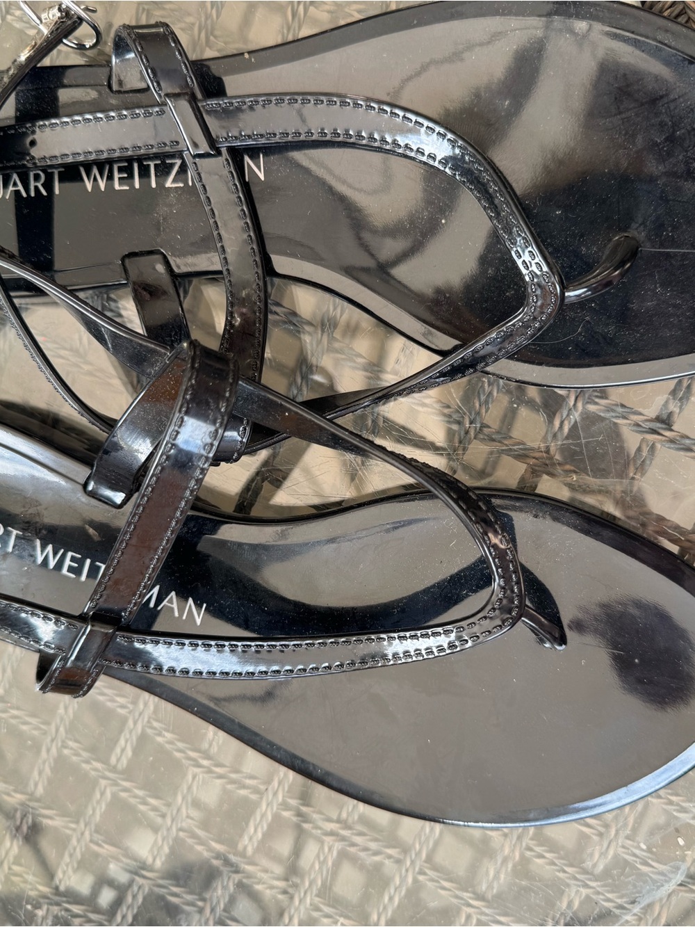 Stuart Weitzman Black Patent Thong Strap Sandals